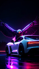 Neon Eagle & Sports Car: A striking image of a sleek sports car, illuminated by vibrant neon lights, beneath a majestic eagle spreading its wings. It's a fusion of speed, power, and freedom.