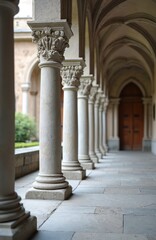 Stone columns form a cloister walkway with arches and a wooden door. This architecture creates a sense of history and grandeur. The perspective leads the eye down the corridor.