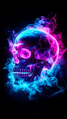 Eternal Flames: A skull is enveloped by vibrant, swirling neon flames. The skull's skeletal features are accentuated by the vivid colors that ignite the darkness, evoking a sense of mystery.