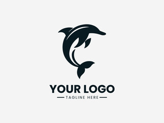 Black dolphin logo design on a white background with space for custom text and tagline.