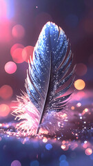 Feather of serenity: A close-up view of a single, delicate feather, shimmering with soft, iridescent light against a backdrop of ethereal bokeh, evoking feelings of peace and tranquility.