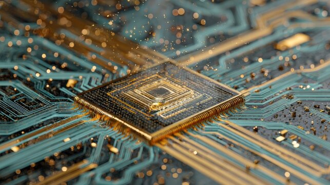 Top-down View of a Quantum Computing Chip With Circuits and Light Particles Indicating Advanced Technology and Data Processing