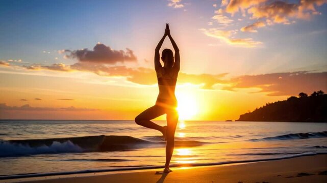 Woman practicing yoga tree pose on a serene beach at vibrant sunset