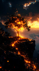 Enchanted Tree of Light: A solitary tree atop a majestic mountain cliff, illuminated by an ethereal golden glow, stands as a beacon against the twilight sky.