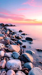 Coastal Serenity: Witness the serene beauty of a seaside sunset, with the gentle lapping of waves against smooth stones, as the sky ablaze with hues.