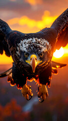 Soaring Majestic: An eagle with impressive wingspan, captured mid-flight against a sunset backdrop, embodying strength, freedom, and soaring ambition.