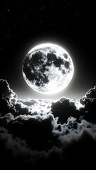 Lunar Majesty: The luminous full moon, radiates a serene glow amidst a sea of ethereal clouds, casting a spell of wonder over the night sky.