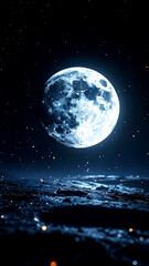 Night's Celestial Embrace: A captivating night scene, where the full moon bathes the landscape in a soft, ethereal glow, against a canvas of countless stars. 