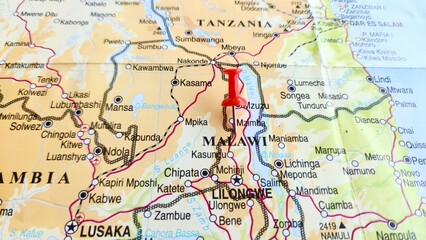 Naklejka premium View of Malawi, on a geographical map of Africa, marked with red pushpin