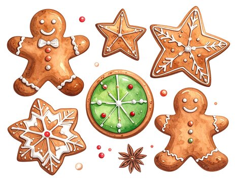 Watercolor illustration of festive gingerbread cookies on white