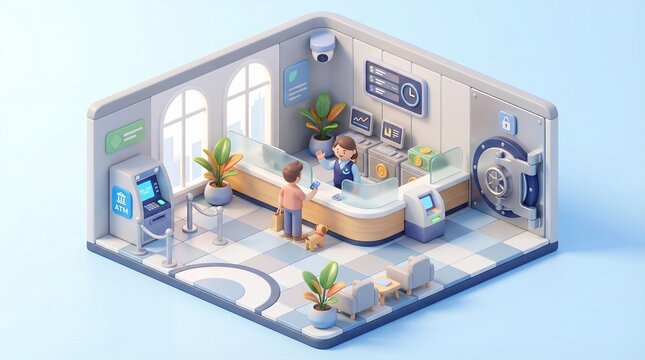 Isometric 3D Illustration of a Modern Bank Interior with Customer and Teller