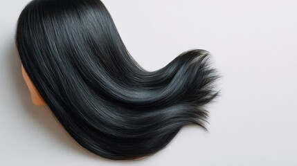 Fototapeta premium Smooth, Silky Long Black Hair Flowing Gracefully on a Light Background, Capturing the Beauty and Shine of Healthy Hair in a Professional Setting