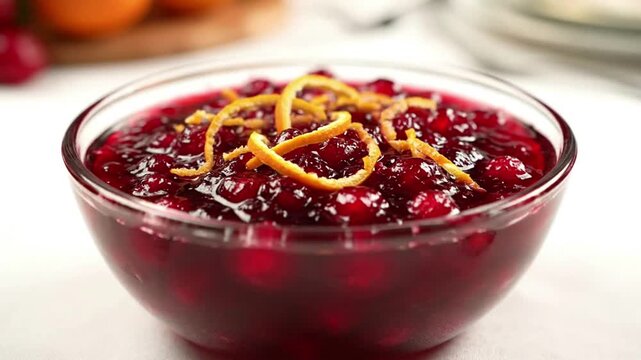 Cranberry sauce in a glass bowl with orange zest garnish.