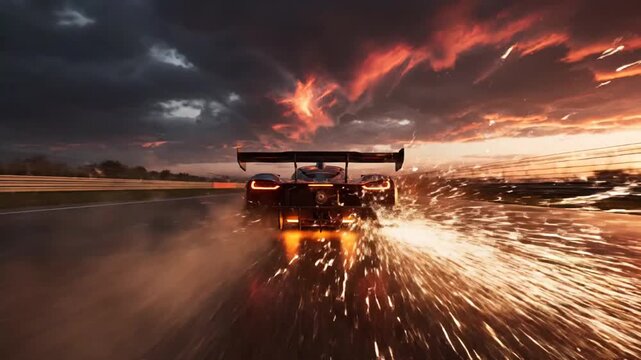 Powerful race car driving on a wet track at high speed during a fiery sunset.