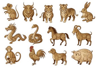 Obraz premium A set of Chinese Zodiac animals in a modern minimalist design, perfect for Lunar New Year, branding, and educational materials. Each animal represented with clean lines and high detail.