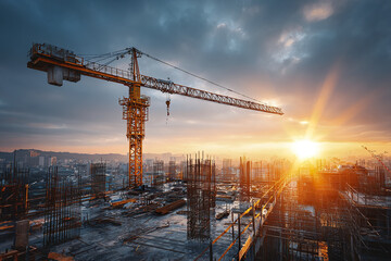 Construction site rooftop view with tower crane and rebar frame at sunset, showing urban development and industrial progress under dramatic cloudy sky