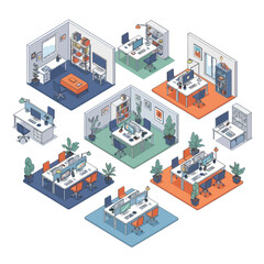 Obraz premium Isometric Office Spaces with Various Workstations and Decor.