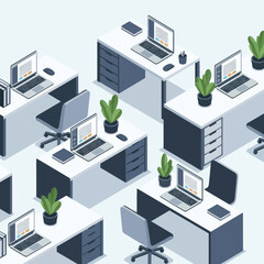 Obraz premium Modern office cubicles with computers and plants in a minimalist setting.