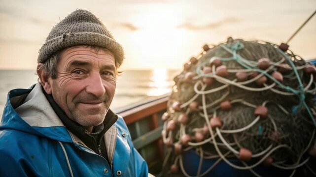 Weathered Fisherman On Boat Smiling At Sea During Sunset Fishing Net In Background For Fishing Work Lifestyle Themes
