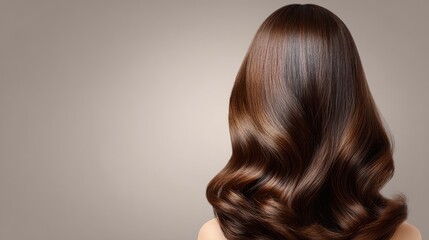 Fototapeta premium Glossy Long Brown Hair with Soft Waves Displayed Against a Neutral Background for Fashion and Beauty Concepts