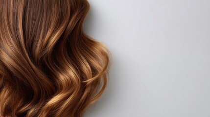 Fototapeta premium Beautiful shiny brown hair with waves cascading elegantly on a light gray background creating a sense of softness and tranquility for beauty themes