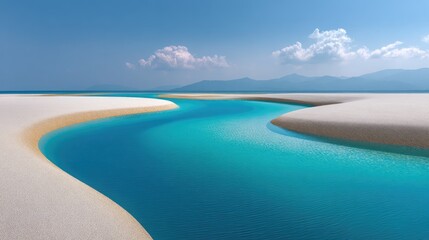 Obraz premium Serene Tropical Landscape with Shimmering Turquoise Waters and Soft Sandy Banks Under a Clear Sky and Gentle Clouds