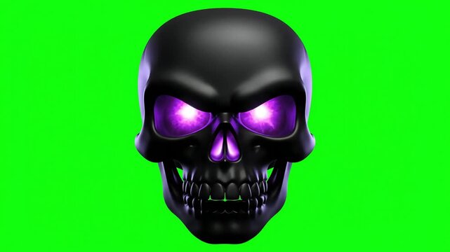 Close-up 3d rendered black skull emoji with ominous purple glowing eyes on a bright green screen.