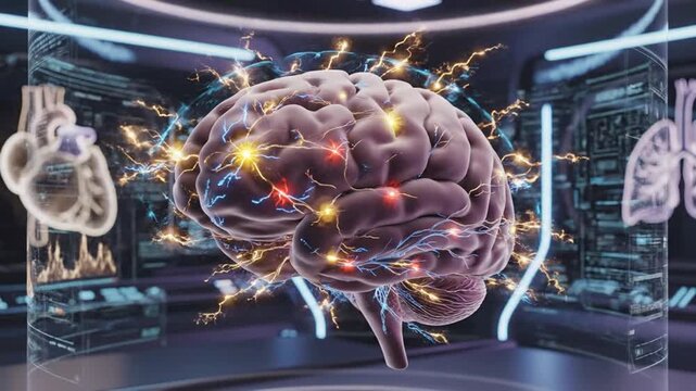 A 3D render of a human brain with glowing neural connections, showcasing human anatomy organs like the brain. Perfect for medical presentations, educational materials, science textbooks.