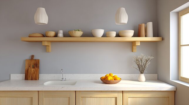 Modern minimalist kitchen interior showcasing light wood cabinetry, elegant decor, soft lighting, and fresh fruit arrangement for a serene culinary atmosphere