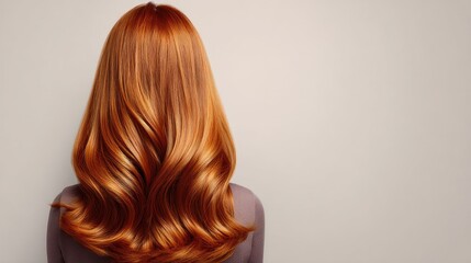 Fototapeta premium Beautiful, Flowing, Vibrant, Copper Hair with Glossy Texture and Elegant Waves, Captured from the Back Against a Soft Neutral Background