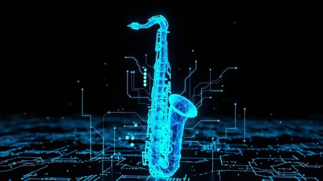 Digital Representation Of Saxophone Glowing In Blue Constructed With Lines Circuits Geometry Appearing On Black Background With Circuit Board In The Foreground For Technology Music D