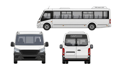A vector graphic illustration of a white bus in three views © MdTobarak