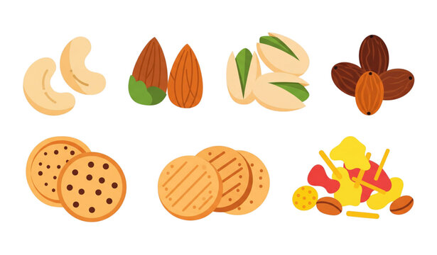 A colorful vector graphic illustration of various snacks and nuts