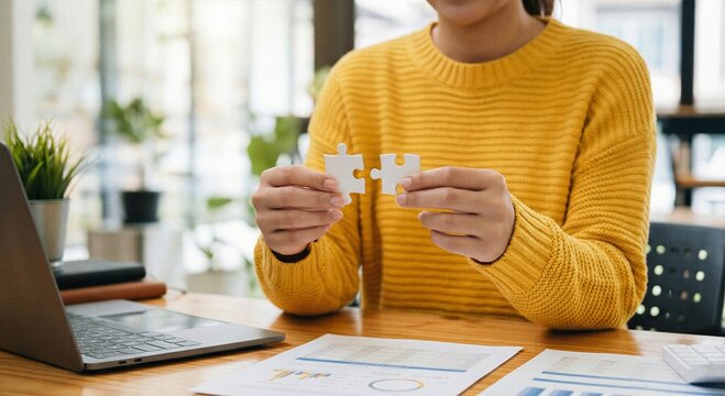 Business solution and strategic partnership concept with woman hands connecting two white jigsaw puzzle pieces at office desk