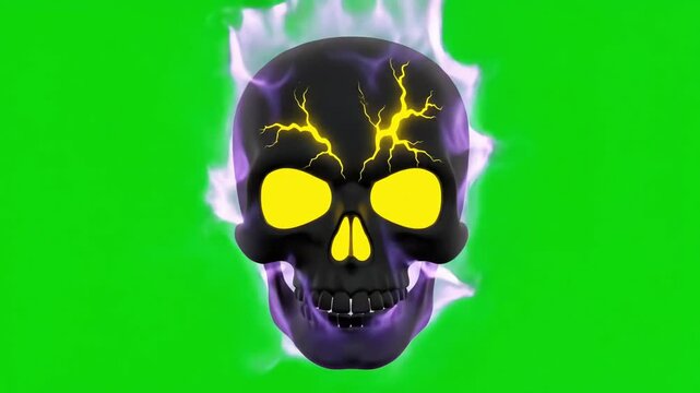 An intense 3d rendered black skull emoji, crackling with yellow lightning and purple smoke, isolated on a bright green screen.