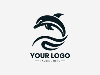Naklejka premium Black dolphin logo with flowing wave design and customizable text on a white background.