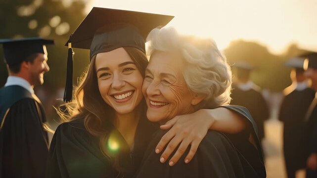 Elderly woman embracing adult daughter wearing graduation cap during emotional academic celebration