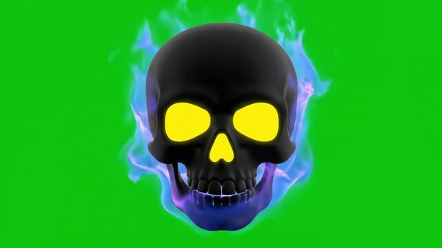Ominous digital animation of a black skull emoji with glowing yellow eyes and intense blue fire, isolated on a green screen.