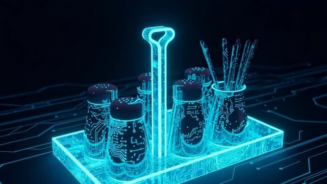 Cyberpunk-themed Kitchen Utensil Set Glowing With Neon Blue Lights Displayed On Digital Circuit Board Set Against Dark Futuristic Background For Tech-related Themes