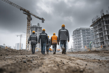 Construction worker construction site building site crane safety helmet construction jacket urban development industrial work teamwork unfinished building