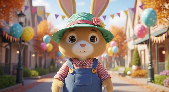 Cute bunny rabbit character with hat and overalls in a colorful village setting