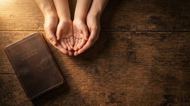 Religious family prayer concept with parent and child hands cupped together next to holy bible on rustic wooden table for guidance