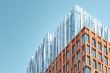 Fototapeta premium Modern building facade with glass and brick wall under clear blue sky, showcasing contemporary architecture and urban design in bright daylight