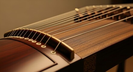 Fototapeta premium Close-up of a traditional Chinese Guzheng instrument with strings and wooden body