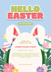 Fototapeta premium Modern Vertical Easter Poster Design Featuring Bunny Illustration, Spring Ornaments, and Clean Promotional Layout