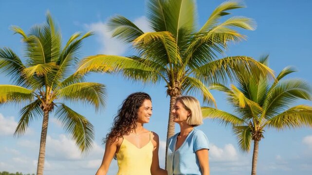 Two Women Embracing At The Beach Looking At Each Other Happy Under Palm Trees Showing Love Joy Used For Romance Travel Lgbtq+ Content