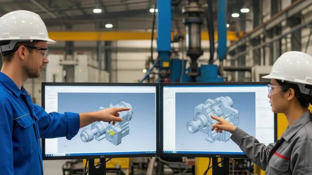 Two Engineers At Factory Discussing 3d Designs On Dual Monitors Pointing At The Cad Models With Machinery Workshop Visible In The Background For Engineering Design Manufacturing Appl