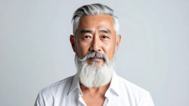 Portrait of a distinguished senior Asian man with stylish grey hair and white beard