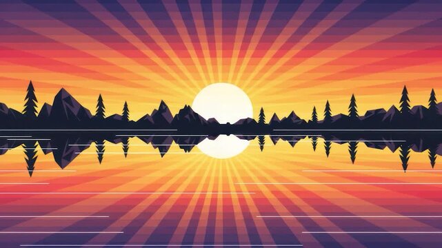 Geometric sunset landscape with mountains, trees, lake, and sunburst