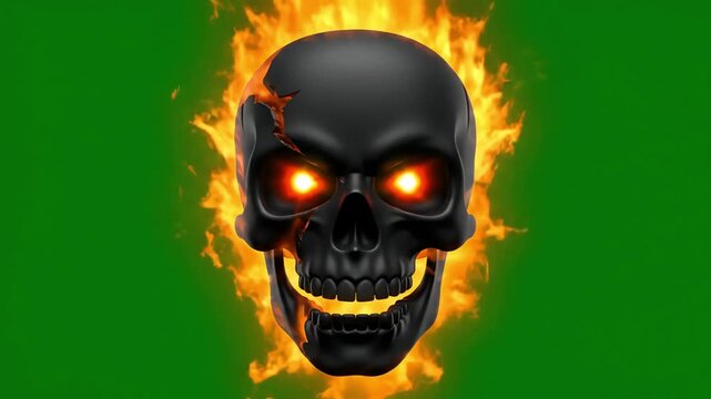 Menacing 3d black skull emoji engulfed in bright orange flames, rendered on a green screen background.